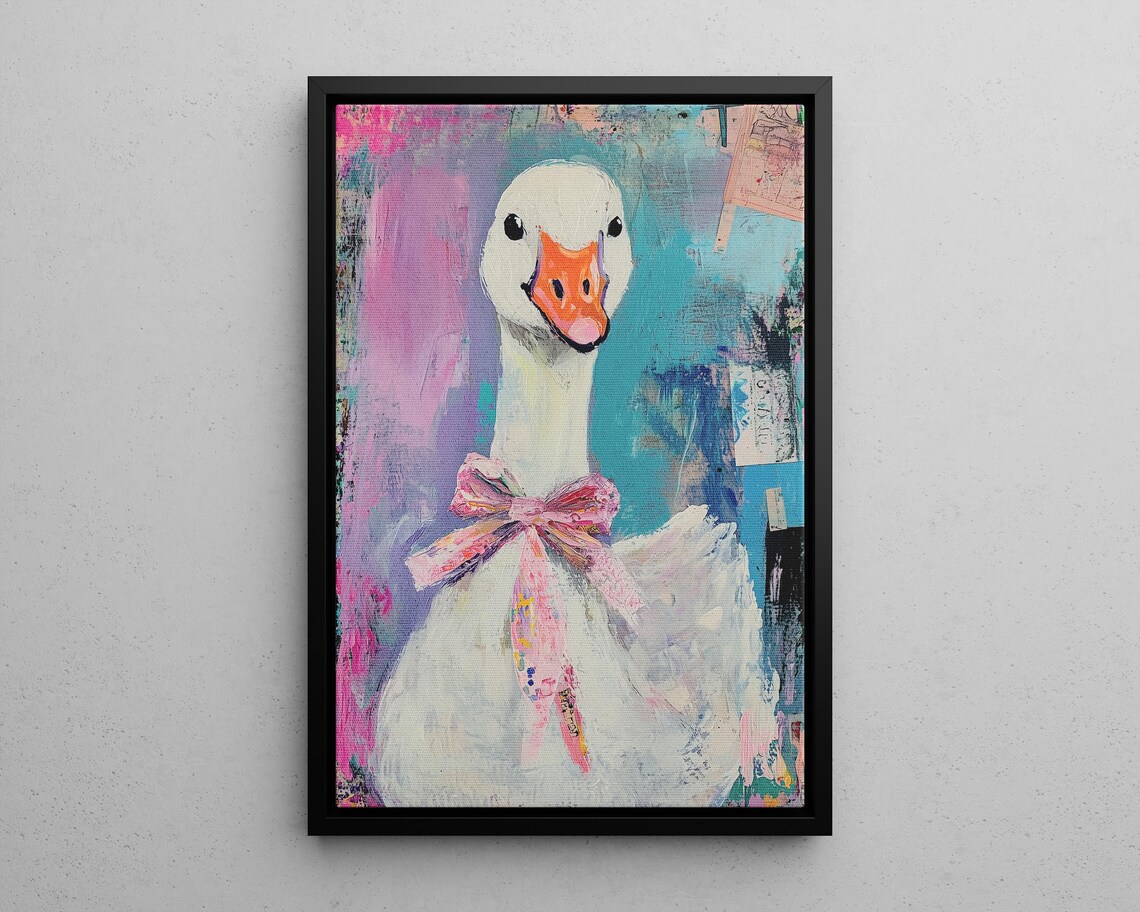 White Goose Wearing Pink Bow Colorful Pop Art Bird Portrait Poster - Image 2