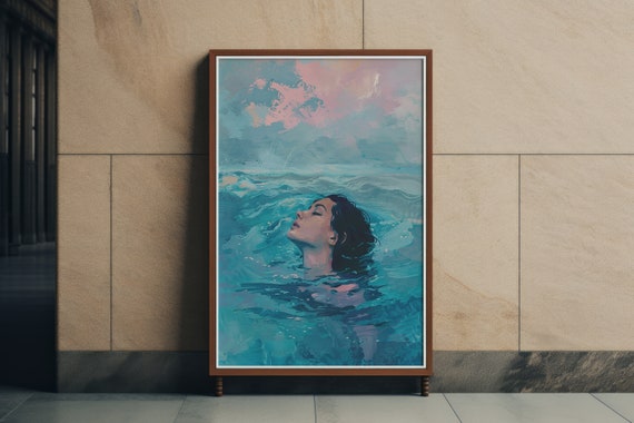 Woman In The Sea Art Print Or Canvas Abstract Swimming Ocean Poster Wall Lady Watching Painting Elegant Decor