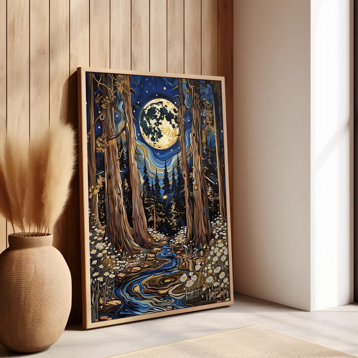 Golden Moon Over Enchanted Night Forest Stream Celestial Art Poster