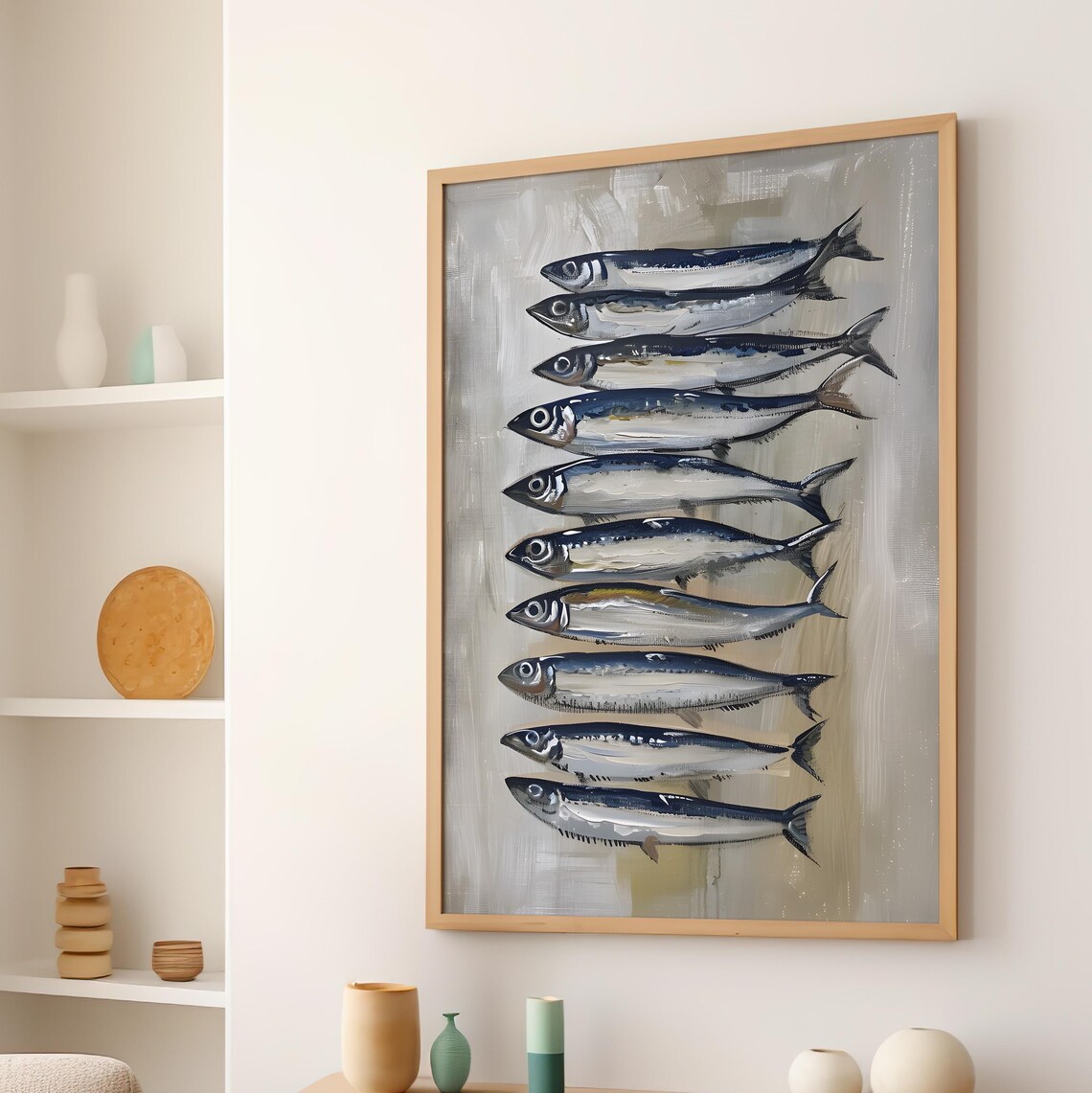 Row of Silver Sardines Oil Style Minimalist Kitchen Food Art Poster