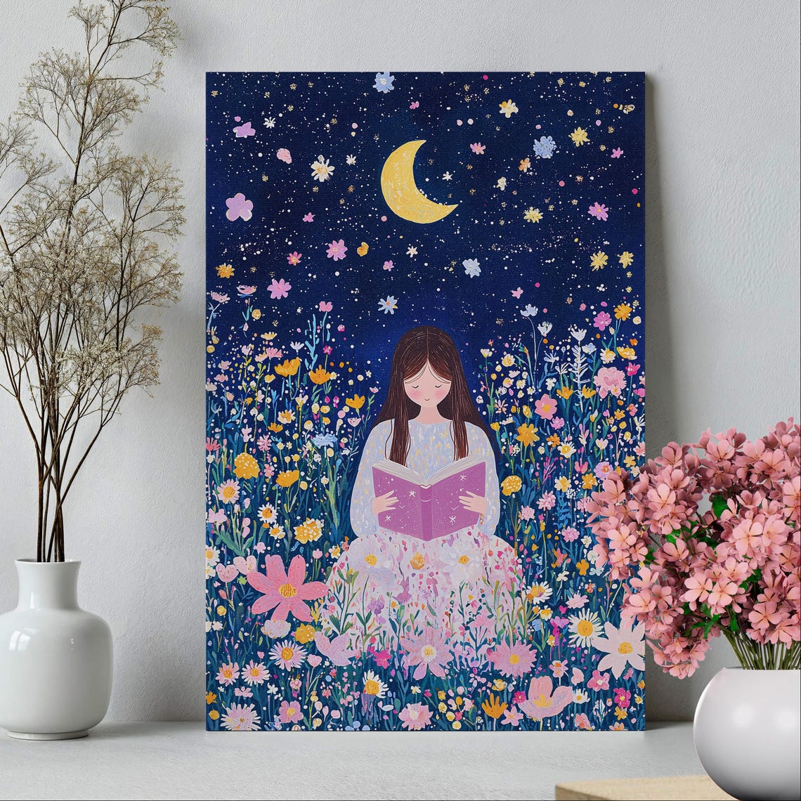 Girl Reading Book Flower Meadow Night Moon Whimsical Art Poster - Image 3