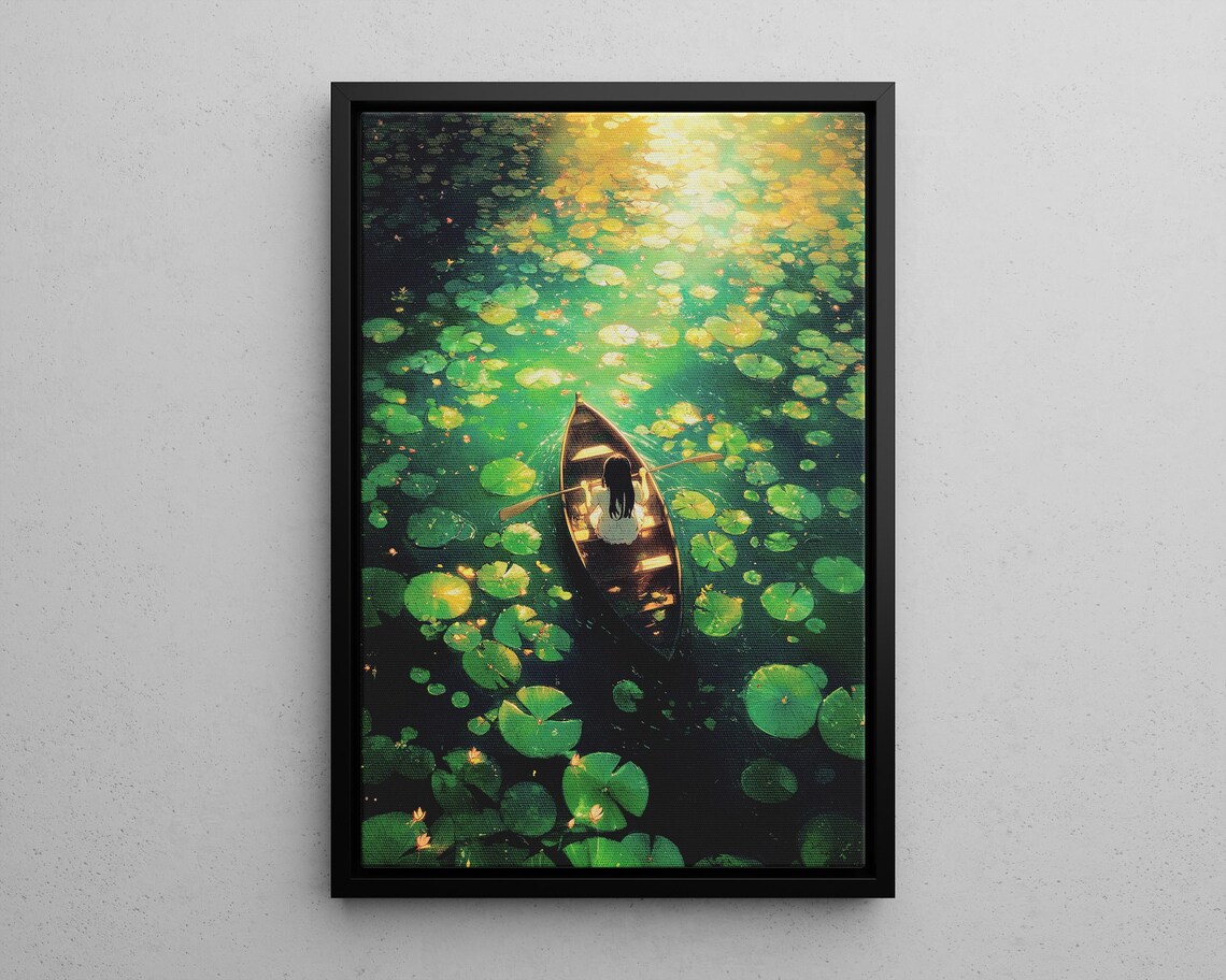 Girl Rowing Canoe Amid Lily Pads Emerald Lake Dreamy Art Poster