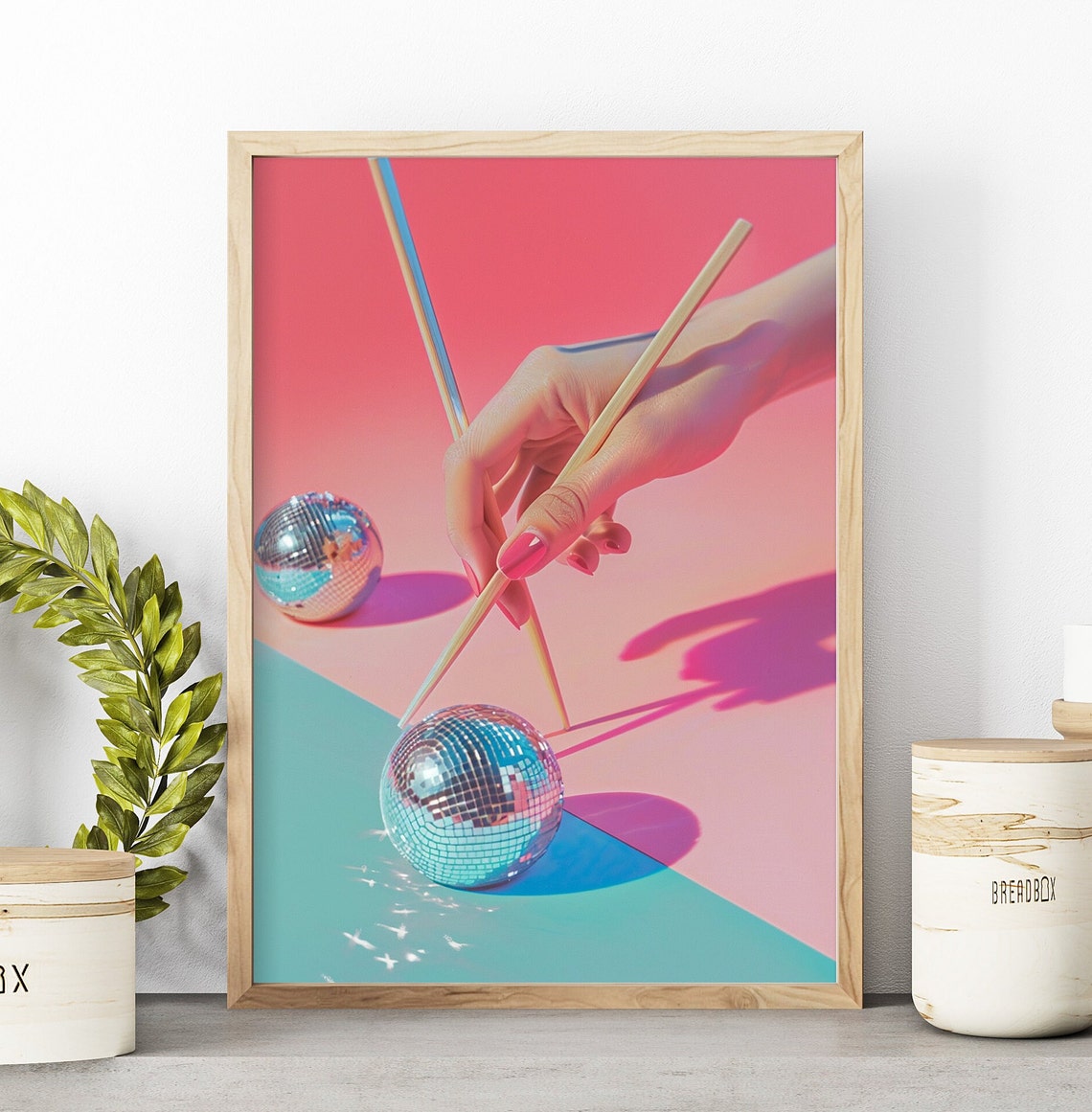 Retro Disco Ball Chopsticks Pink Blue Party Fun Modern Art Poster