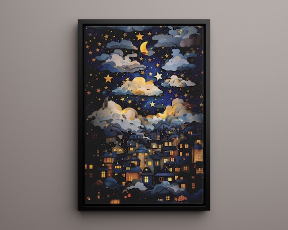 Whimsical Cityscape Starry Night Scene Nursery Wall Decor Poster Or Canvas Print Enchanted Dreamy City Moon And Start Above Art