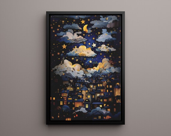 Whimsical Starry Night Cityscape Moon Clouds Nursery Dream Poster