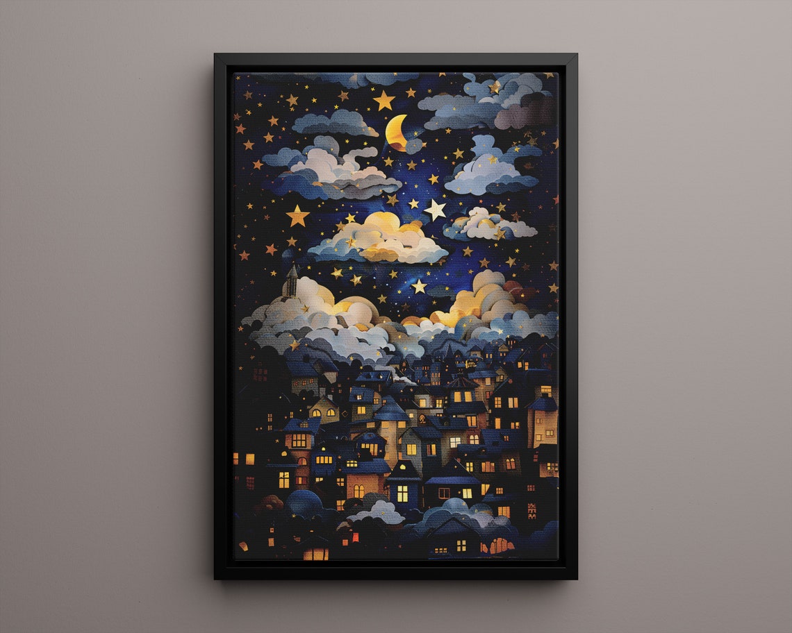 Whimsical Starry Night Cityscape Moon Clouds Nursery Dream Poster