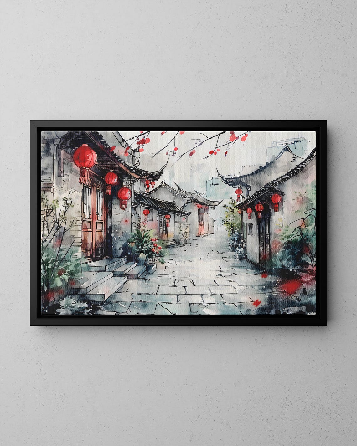Ancient Chinese Street Red Lanterns Watercolor Travel Poster