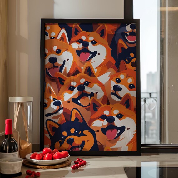 Happy Shiba Inu Dog Faces Bold Pop Art Orange and Navy Print