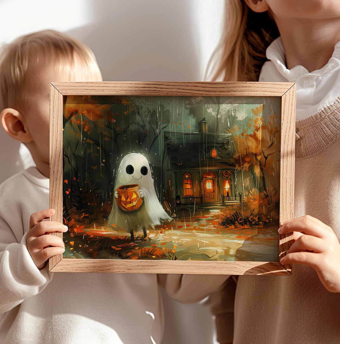 Cute In The Rain Holding Pumpkin Bucket Halloween Wall Art Poster Or Canvas Print Spooky Halloweencore Whimsigoth