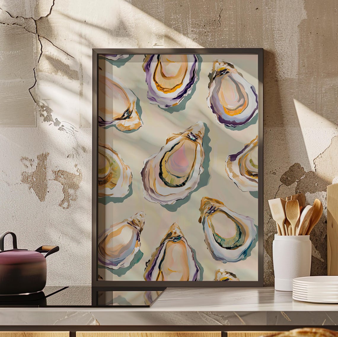 Abstract Oyster Shell Pattern Pastel Coastal Kitchen Wall Art