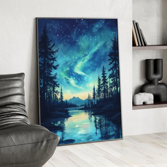 Aurora Lights Ethereal Starry Night Sky Wall Art Poster Or Canvas Print Mountains And Illuminated Forest Magical Celestial Nature Scene