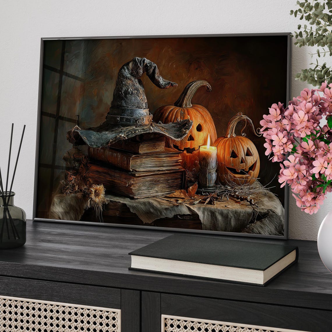 Witch Hat And Magic Books Halloween Art Poster Or Canvas Print Vintage Spooky Pumpkin Painting Fall Witchy Wall Decor Gothic