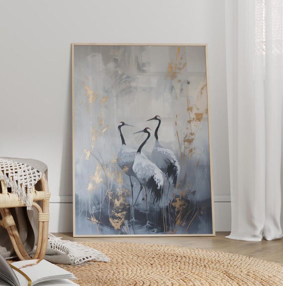Three Cranes Abstract Painting Poster Or Canvas Print Neutral Tones Elegant Japanese Art Japandi Wall Botanical Bird Decor