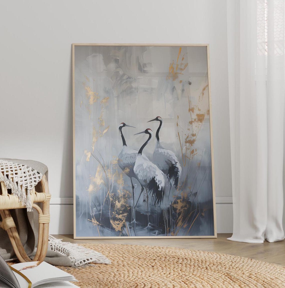 Three Cranes Abstract Japanese Painting Neutral Grey Bird Poster