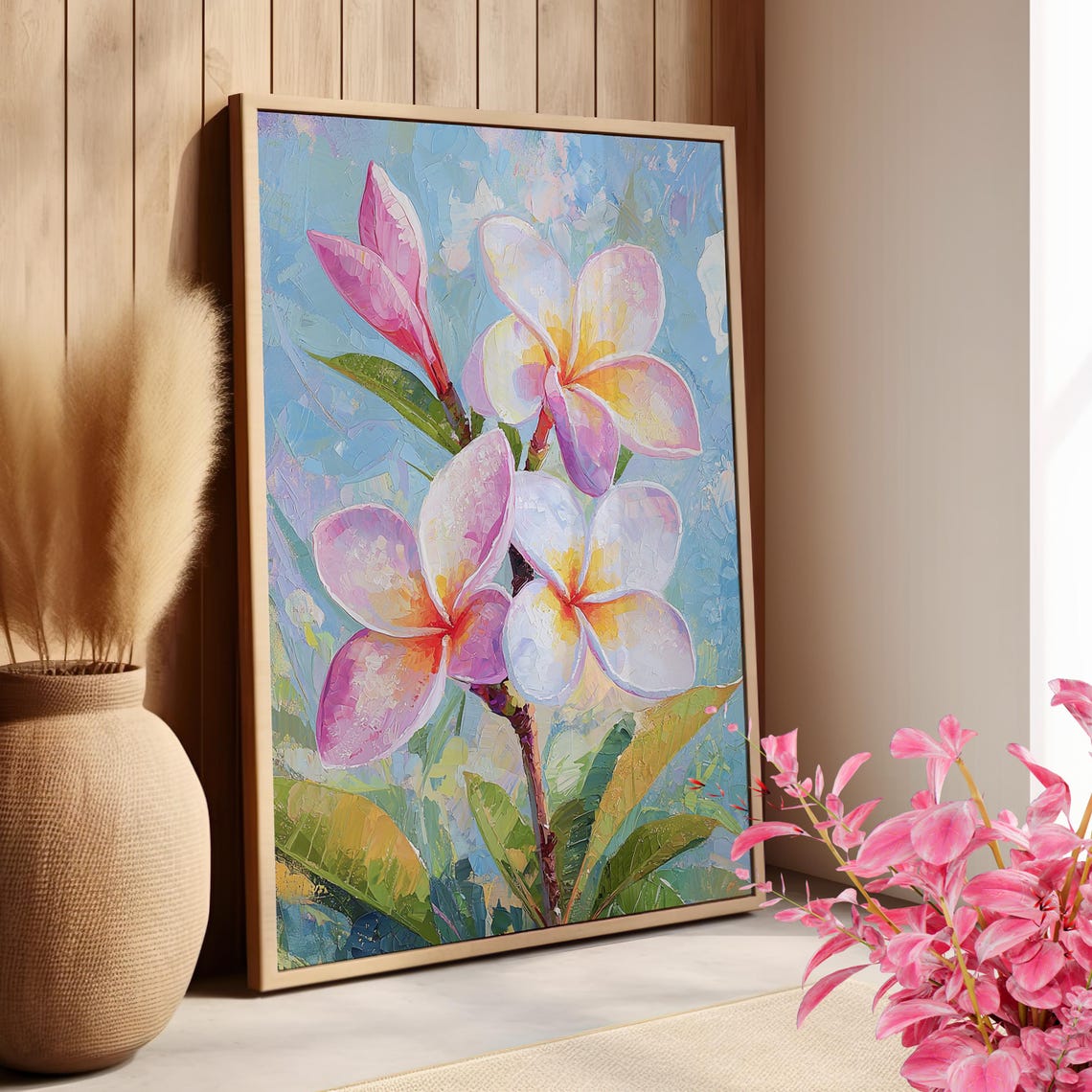 Pink White Plumeria Flowers Blooming Tropical Oil Painting Poster