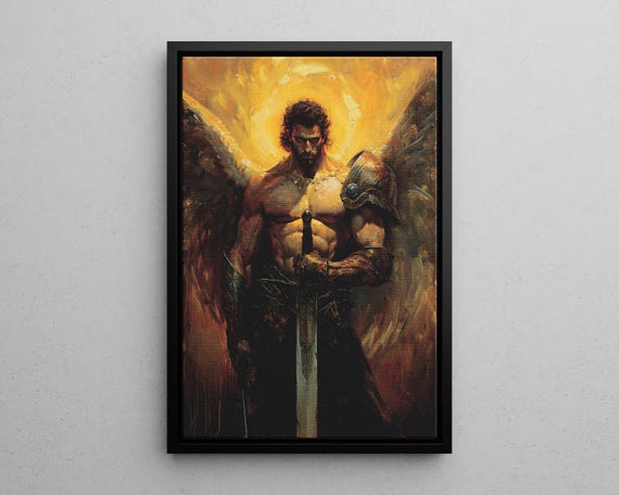 Archangel Michael With Sword Wall Art Or Canvas Vintage Painting Warrior Angel Print Celestial Angelic Guardian Poster