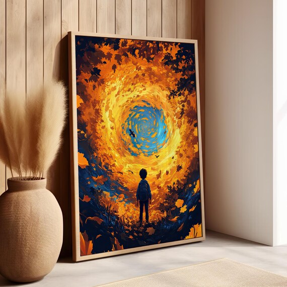 Boy Before Swirling Autumn Leaf Portal Fantasy Surreal Print