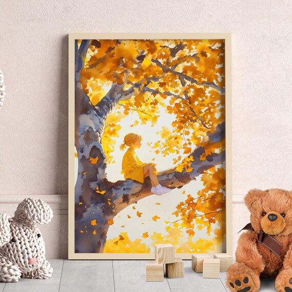 Girl in Yellow Dress Sitting on Oak Tree Branch Autumn Poster