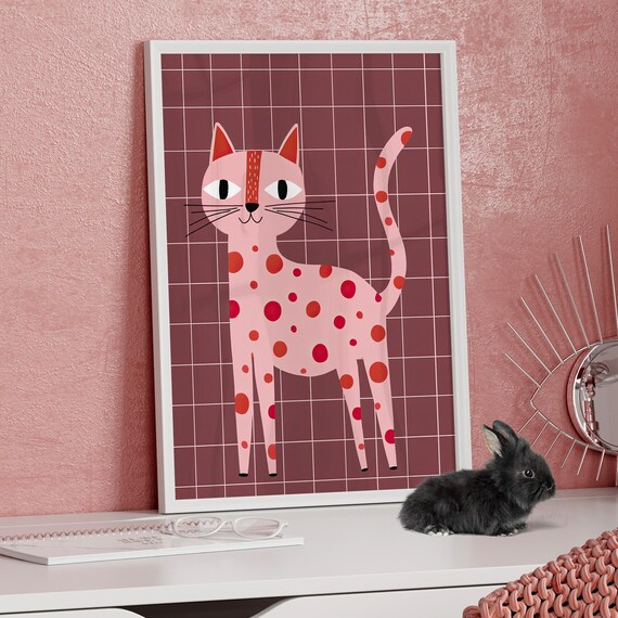 Pink Polka Dot Cat Whimsical Retro Kids Room Nursery Art Print