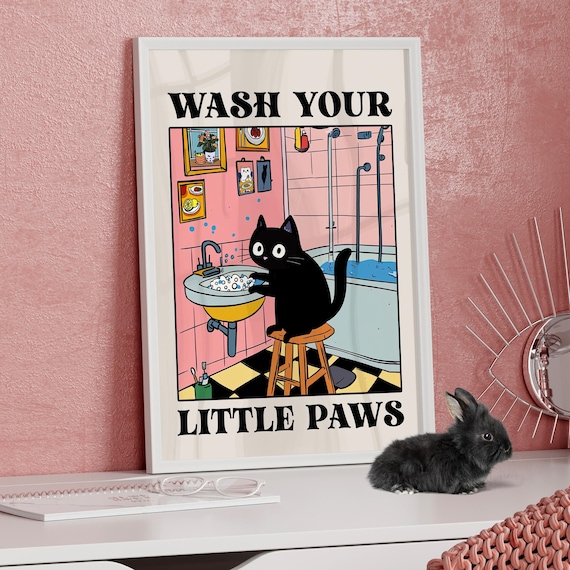 Wash Your Little Paws Funny Retro Black Cat Bathroom Quote Poster