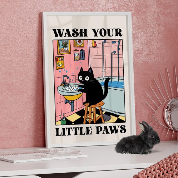 Wash Your Little Paws Quirky Black Cat Wall Art Poster Or Canvas Print Retro Illustration Bathroom Decor Funny Room Sign