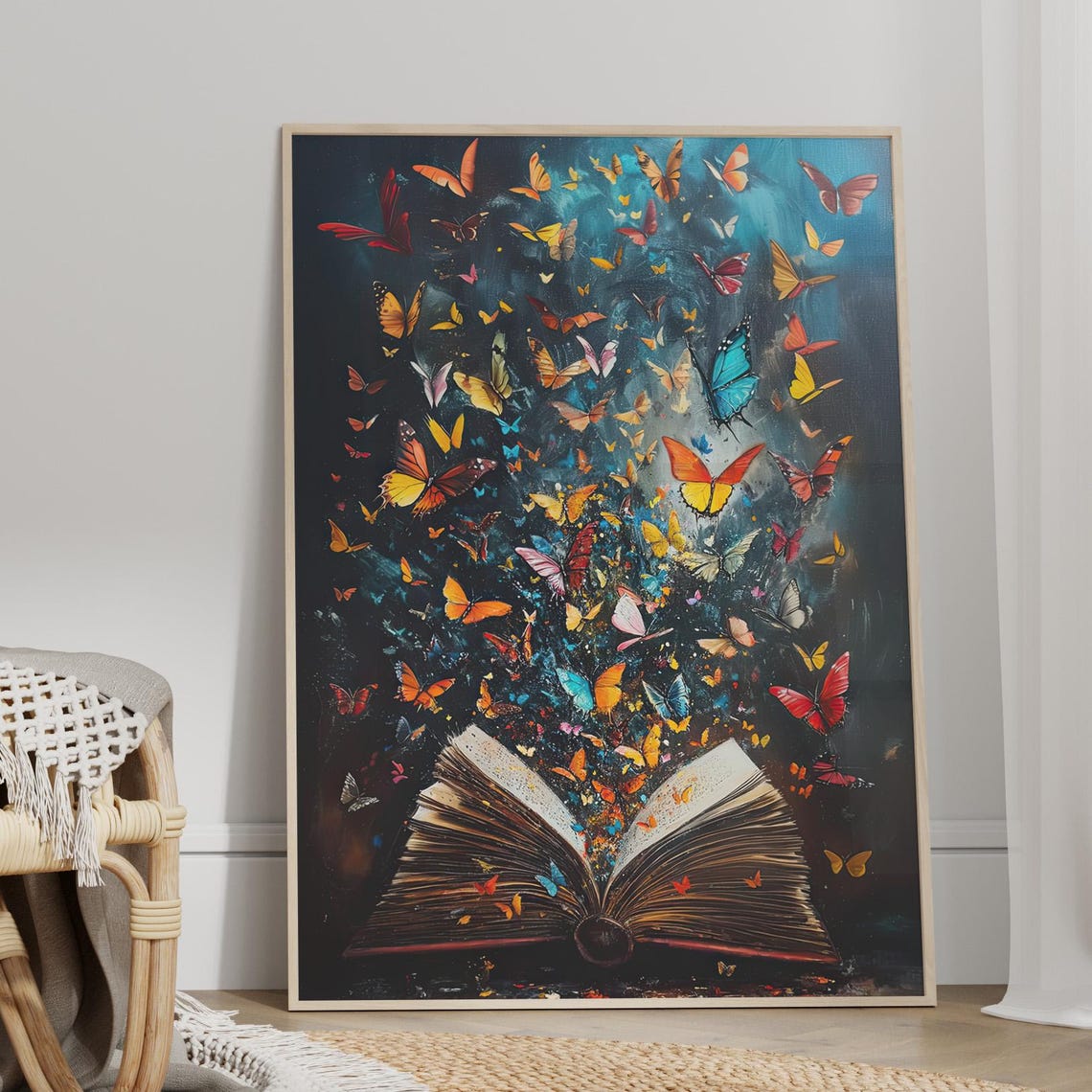 Open Book With Colorful Butterflies Flying Oil Painting Print