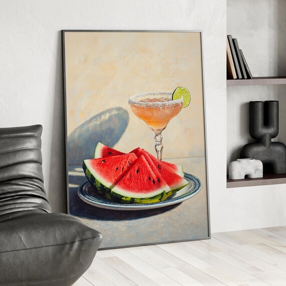 Watermelon Margarita Cocktail Oil Painting Summer Kitchen Poster