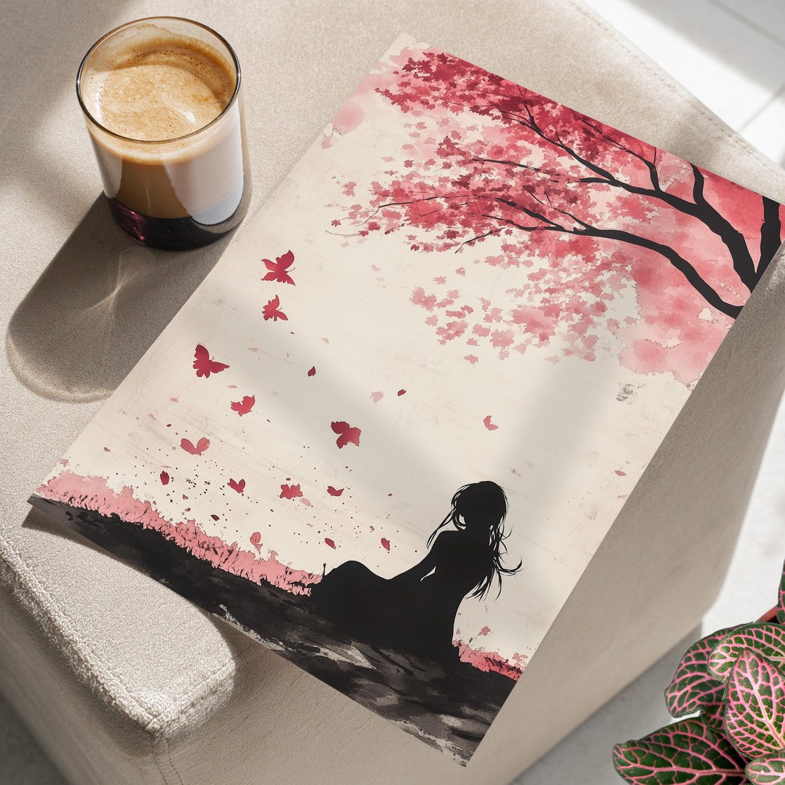 Girl Silhouette Under Cherry Blossom Tree Pink Watercolor Poster