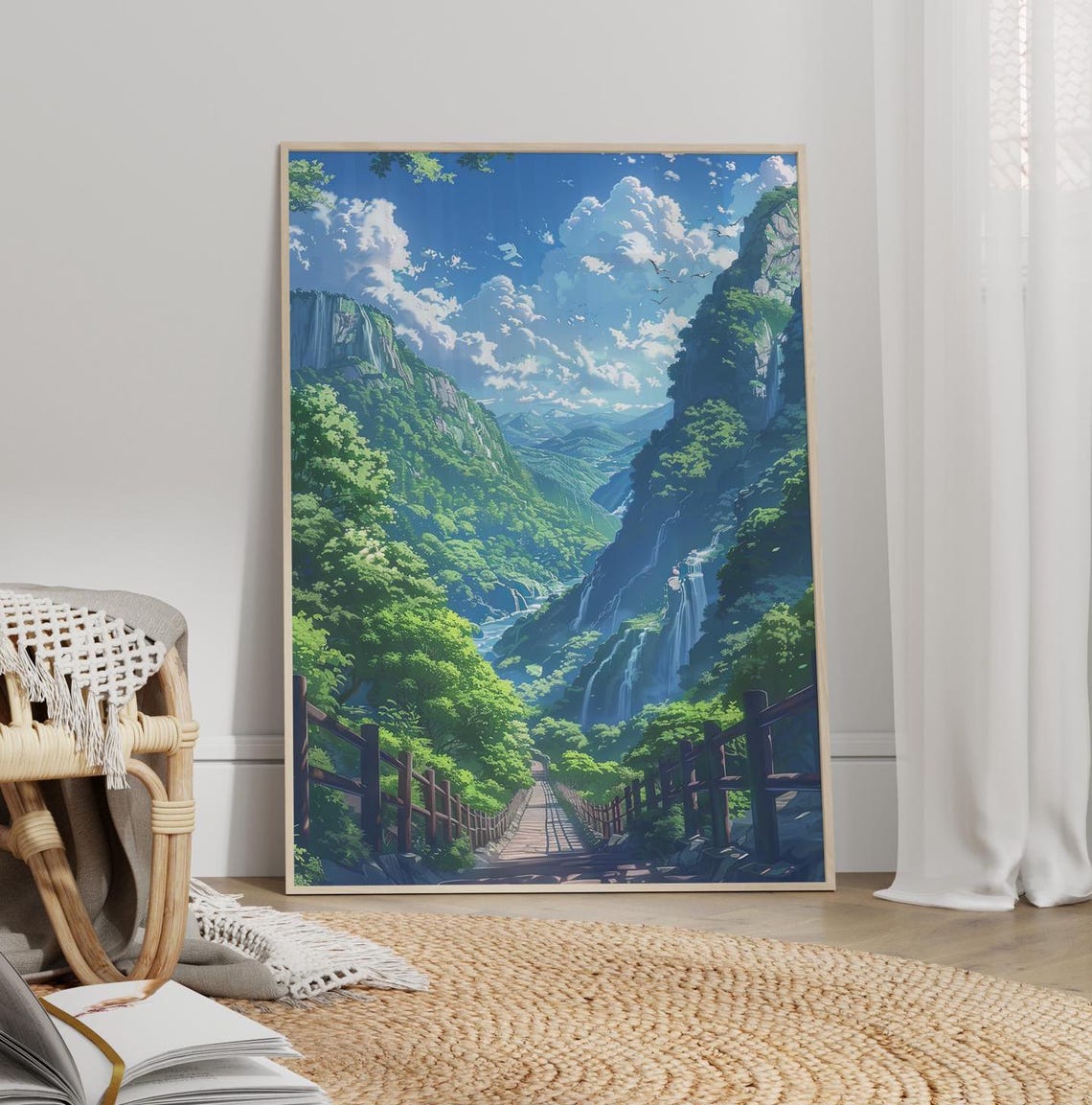 Mountain Path Wall Art Poster Or Canvas Print Rock Waterfalls Botanical Nature Greenery Pathway Decor