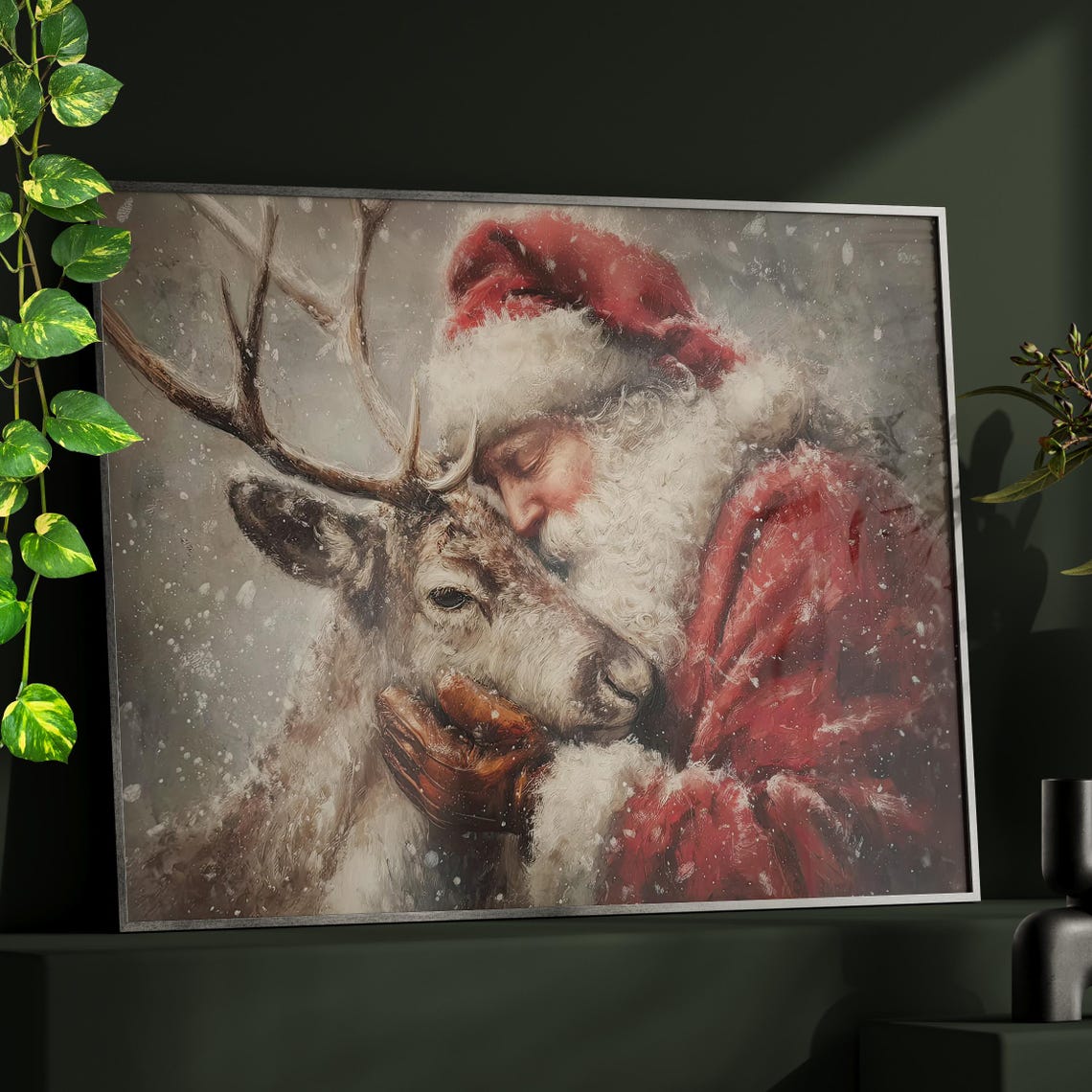 Santa Claus Gently Hugging Reindeer In Snowfall Christmas Poster