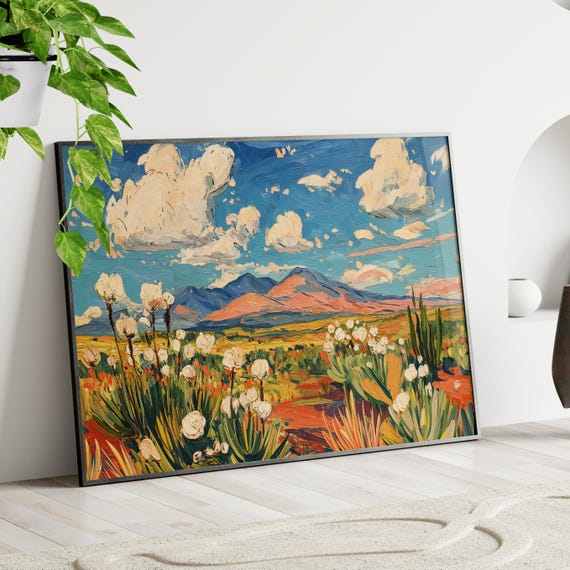 Desert Mountains Texas Landscape Oil Painting Poster Or Canvas Print Floral Botanical Vintage Southwestern Nature Home Decor