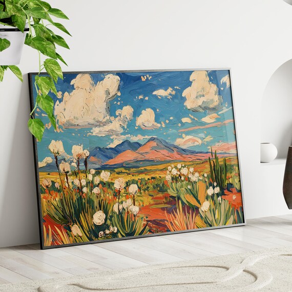 Southwestern Desert Wildflowers Impasto Oil Painting Mountains Poster