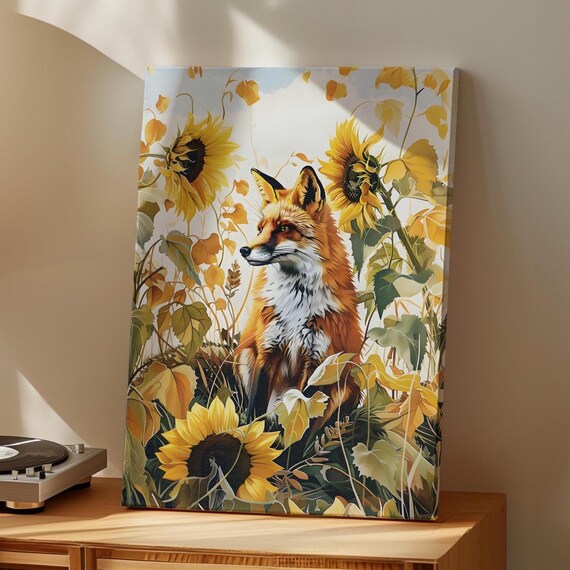 Fox In Sunflowers Field Poster Art Print Or Canvas Botanical And Painting Animal Flower Home Decor