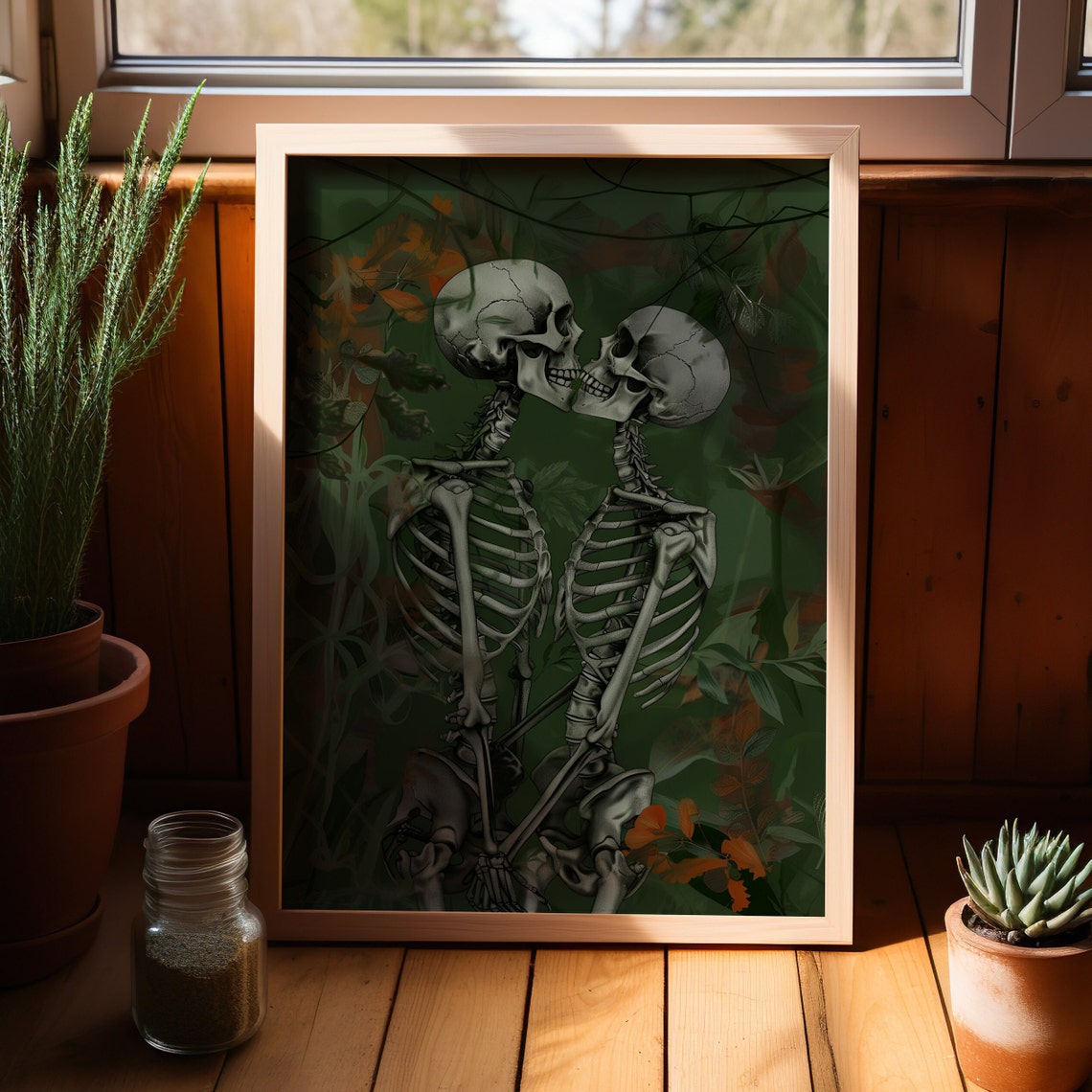 Kissing Skeletons In Dark Green Foliage Romantic Gothic Poster