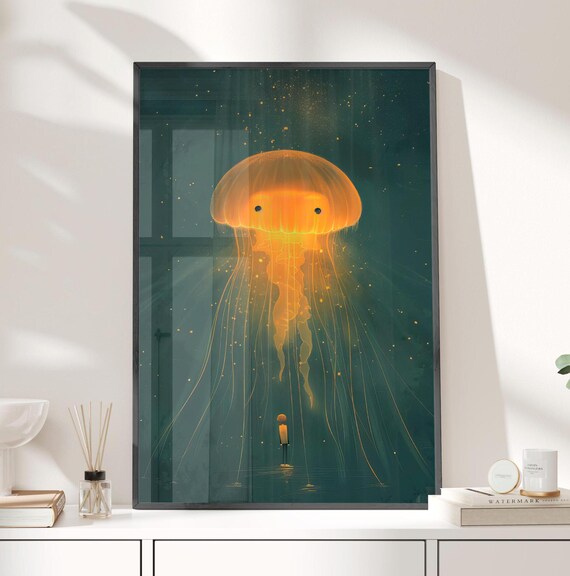 Glowing Midnight Jellyfish Hovering Over a Tiny Diver Ocean Poster