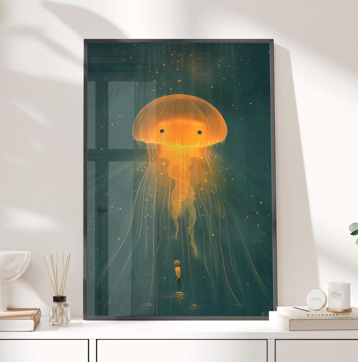 Glowing Midnight Jellyfish Hovering Over a Tiny Diver Ocean Poster