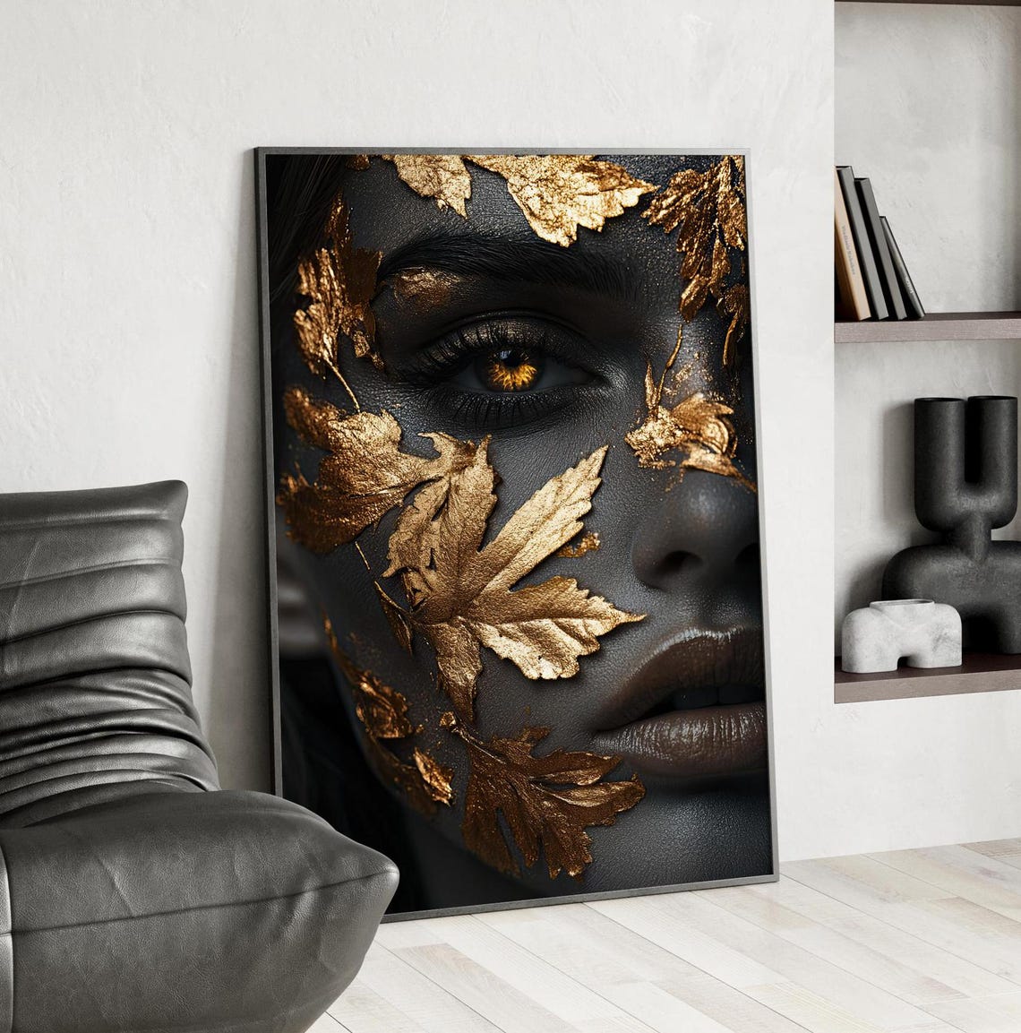 Woman Face Adorned With Gold Autumn Leaves Dark Elegant Art Poster