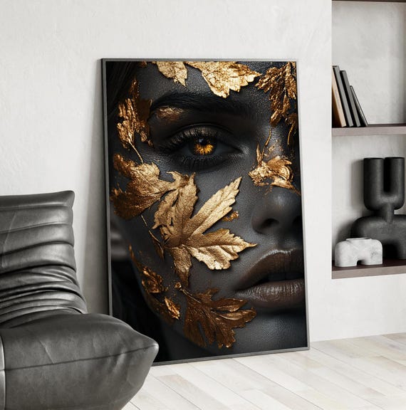 Womans Face With Golden Leaves Elegant Wall Art Poster Or Canvas Print Dark Woman Botanical Feminine Decor