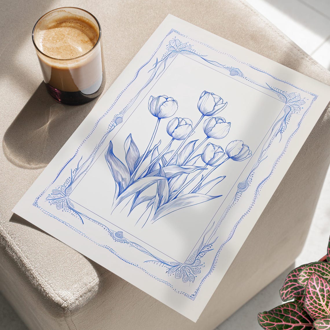 Blue Tulip Line Art Delft Style Botanical Floral Decor Art Print