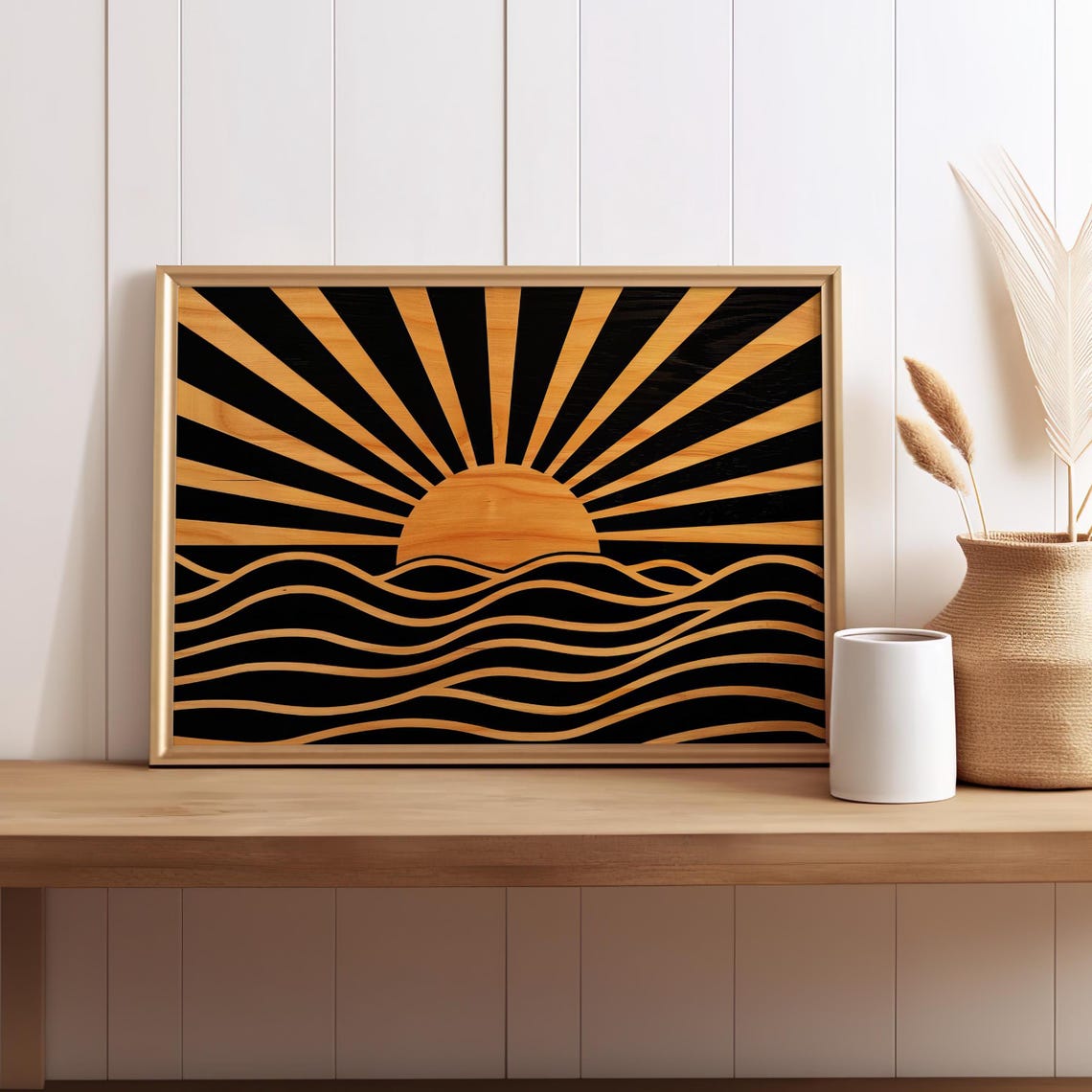 Wooden Sunrise Over Ocean Waves Midcentury Boho Style Poster