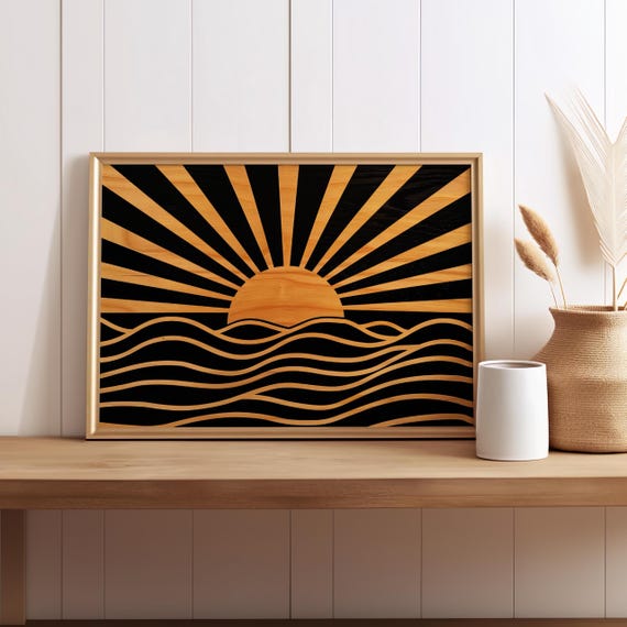 Golden Sun Rise Over The Horizon Wooden Style Art Print Poster Or Canvas Sunset Sunshine Midcentury Modern Boho Wall