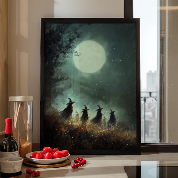 Moonlit Witches Coven In A Misty Field Impressionism Painting Poster Or Canvas Print Witchy Halloween Art Mystical Goblincore Decor