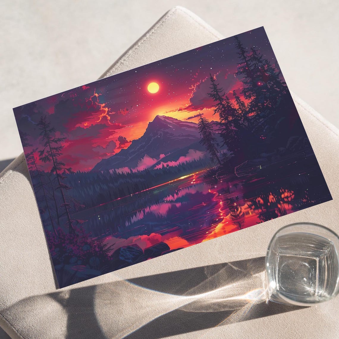 Full Moon Over Mountain Lake Purple Sunset Night Sky Art Poster
