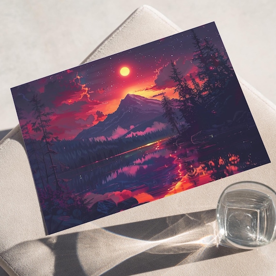 Purple Mount Hood Under The Full Moon Sunset Lake Forest Wall Art Poster Or Canvas Print Starry Night Sky Mountain Scenic