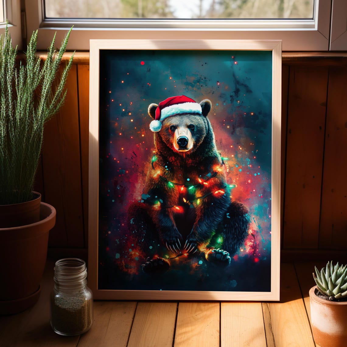 Grizzly Bear With Santa Hat And Christmas Lights Holiday Wall Art