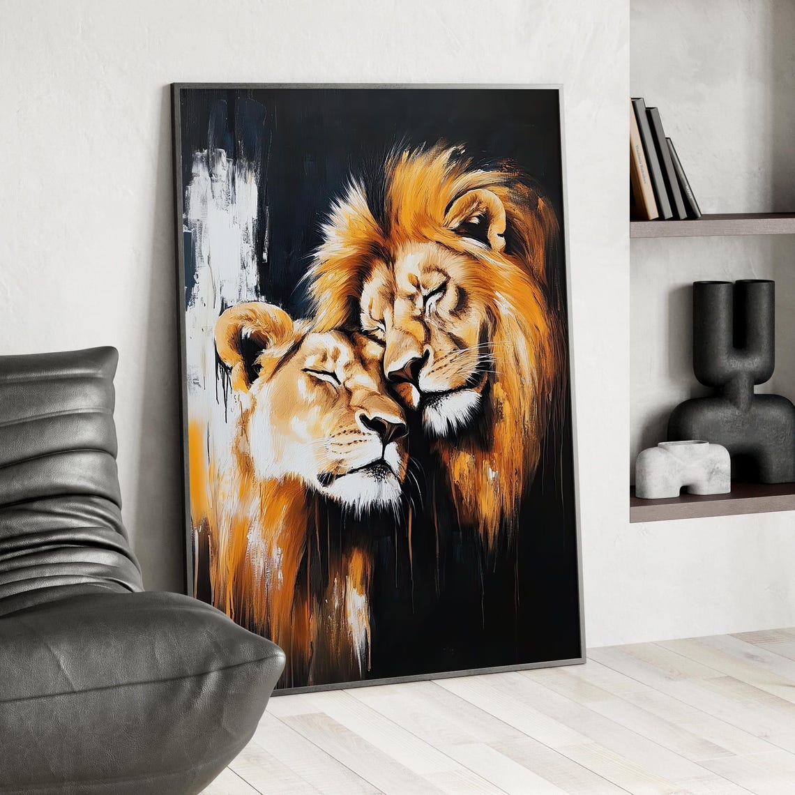 Romantic Lions In Love Tender Embrace Impasto Oil Painting Poster
