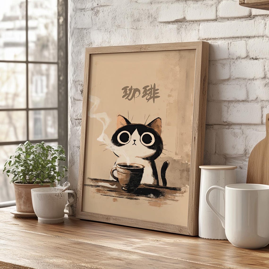 Japanese Ink Cat With Coffee Cup Cute Kitchen Cafe Decor Wall Art