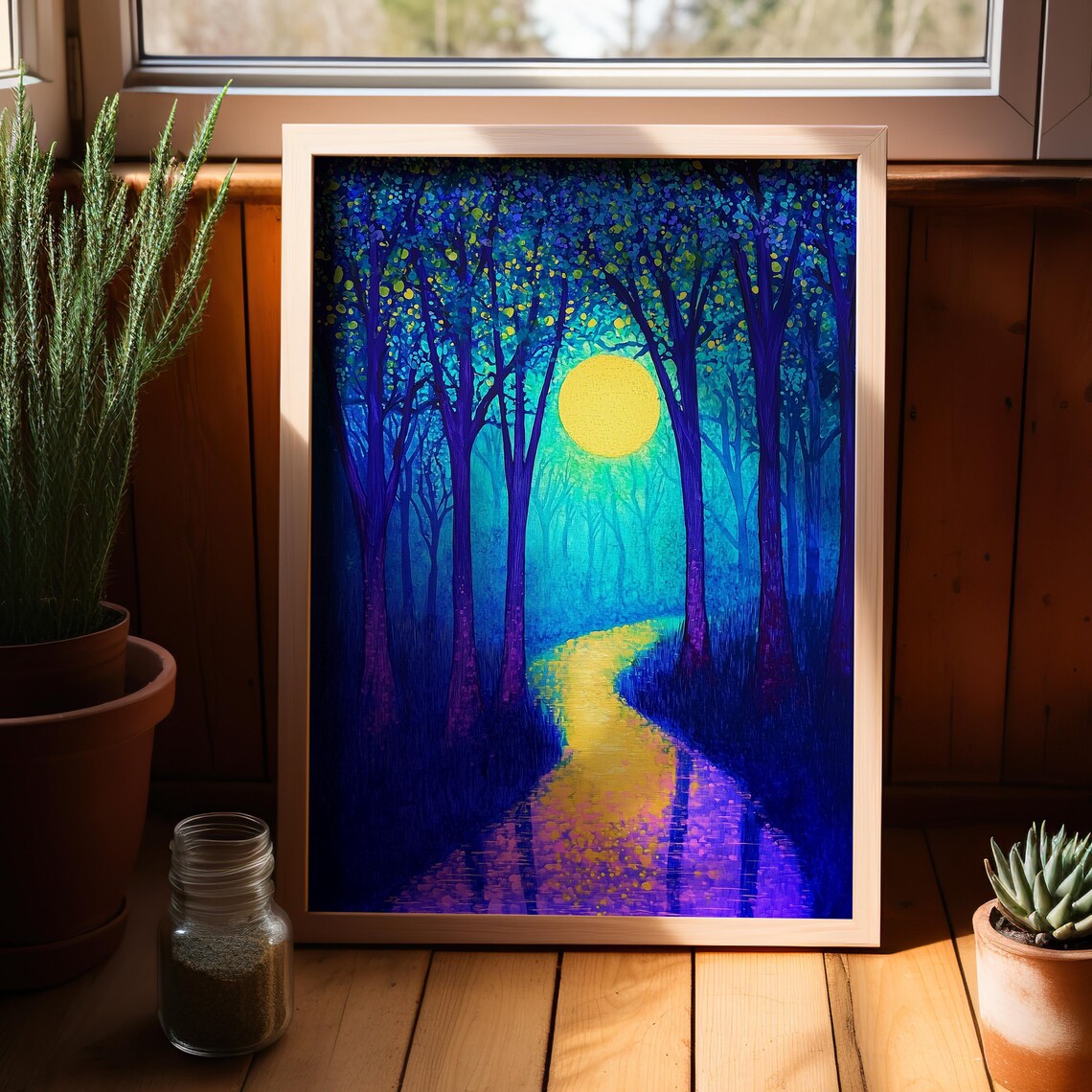 Moonlit Forest Path Glowing Moon Purple Blue Night Painting Print - Image 3