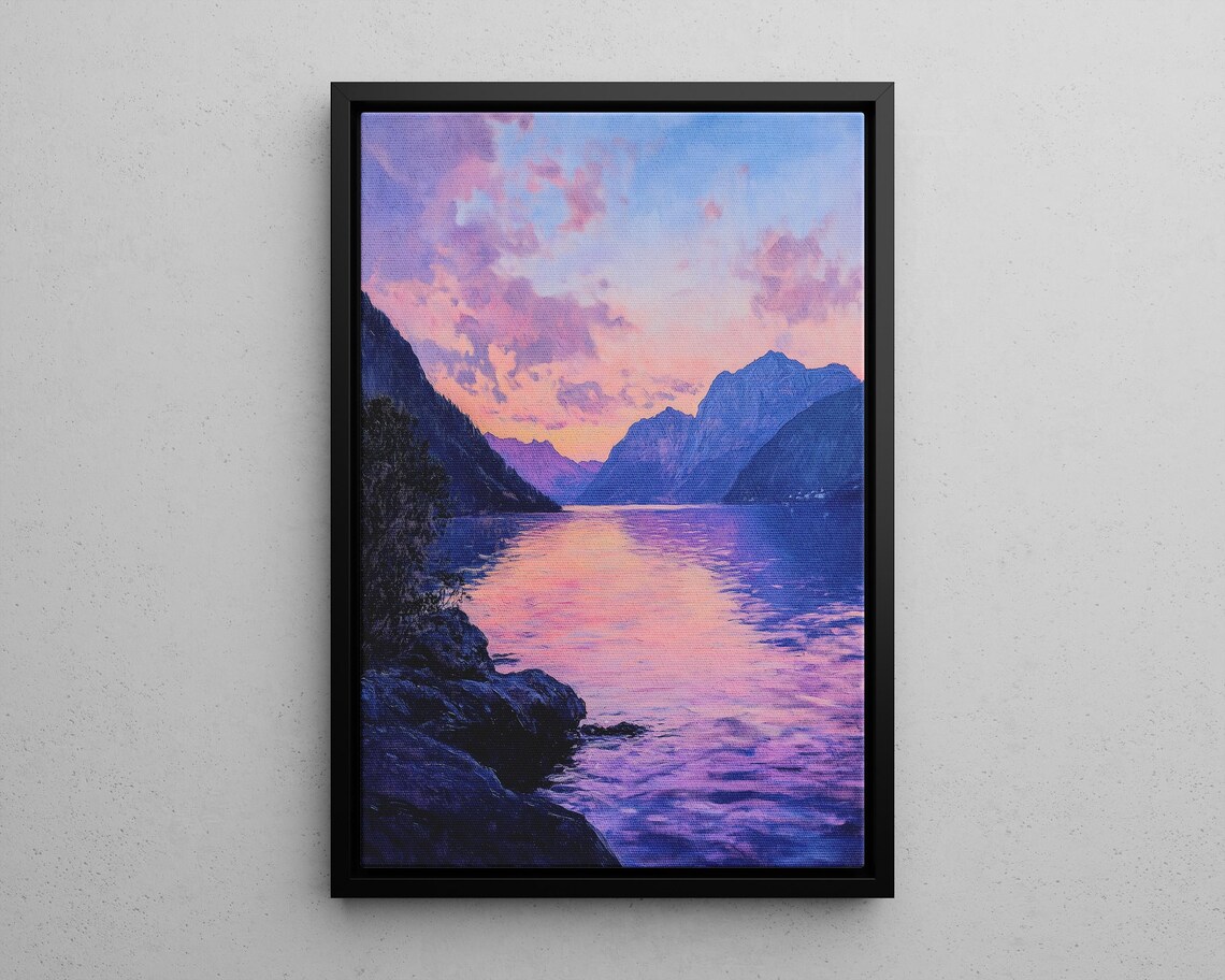 Norway Fjords Purple Pink Sunset On Calm Water Painting Poster - Image 2