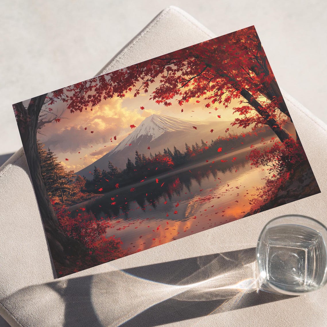 Mount Fuji Sunrise With Falling Red Maple Leaves Lake View Poster